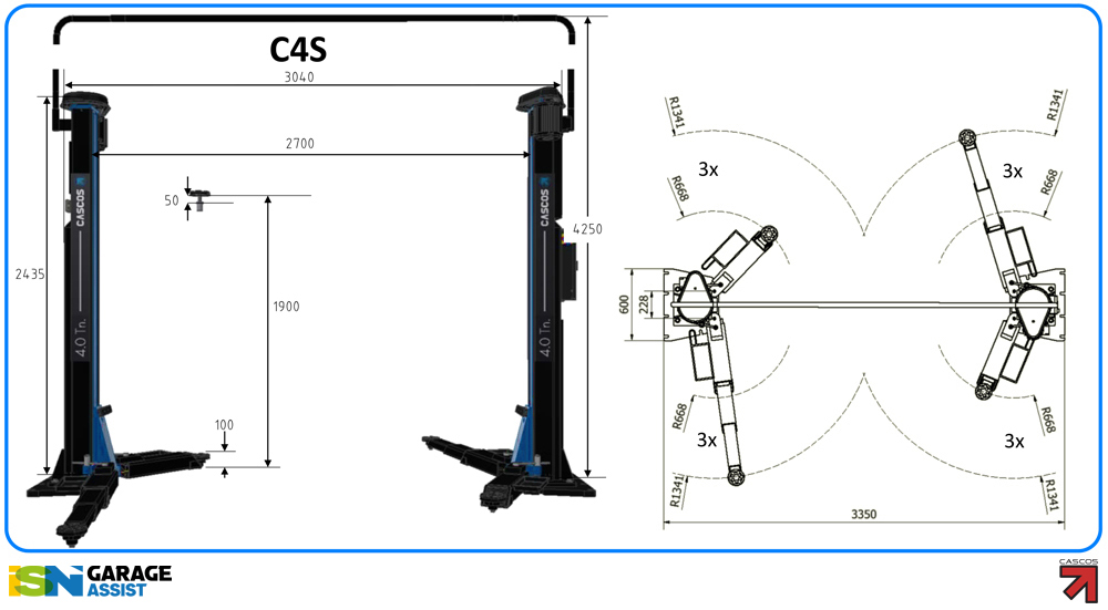 Cascos-C4S-dims Baseless Two Post Lifts: Cascos C4 Syncro Two Post Lift