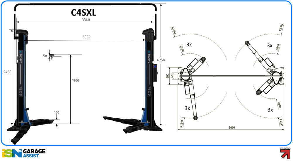 Cascos-C4SXL-dims Baseless Two Post Lifts: Cascos C4 Syncro Two Post Lift