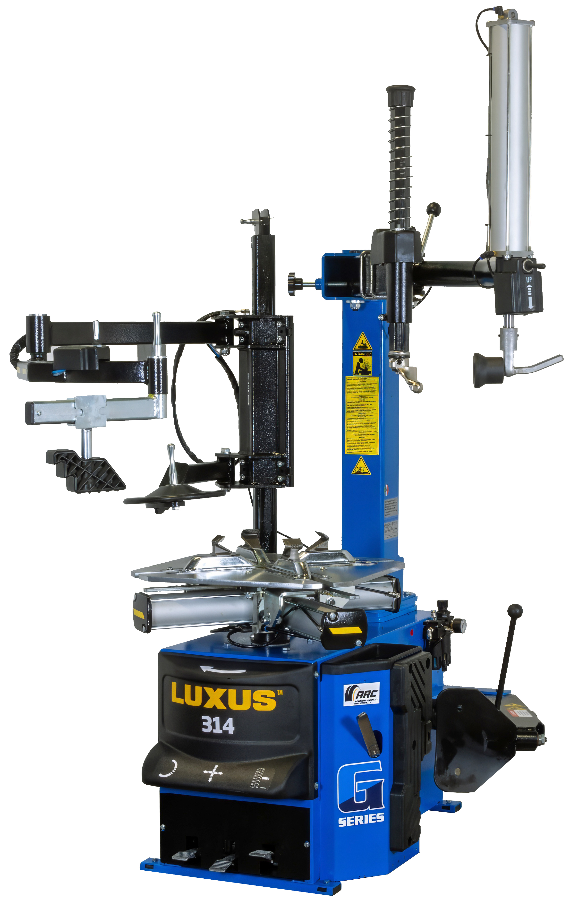 The Luxus 314 G-Series can be supplied with a 12V motor and light press arm, with manual bead press, for mobile fitting operations.