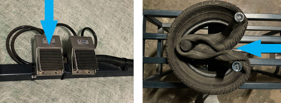 Compression of a Tyre – Deformation of the tyre is activated by pressing the left foot switch, which activates the actuator and the pusher mounted to it. After releasing the switch, the machine will hold this position.