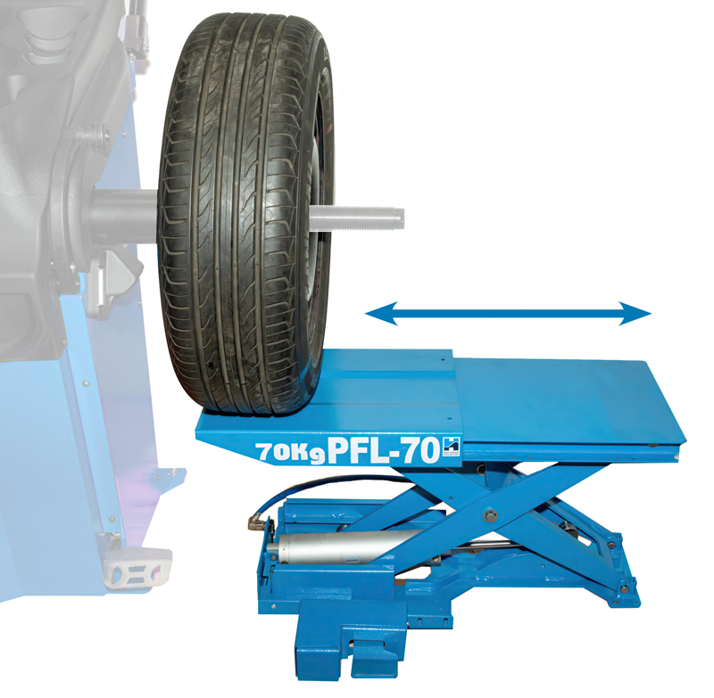 The PFL70 platform the platform slides forwards and backwards to allow the wheel hub to slide over the wheel balancer shaft