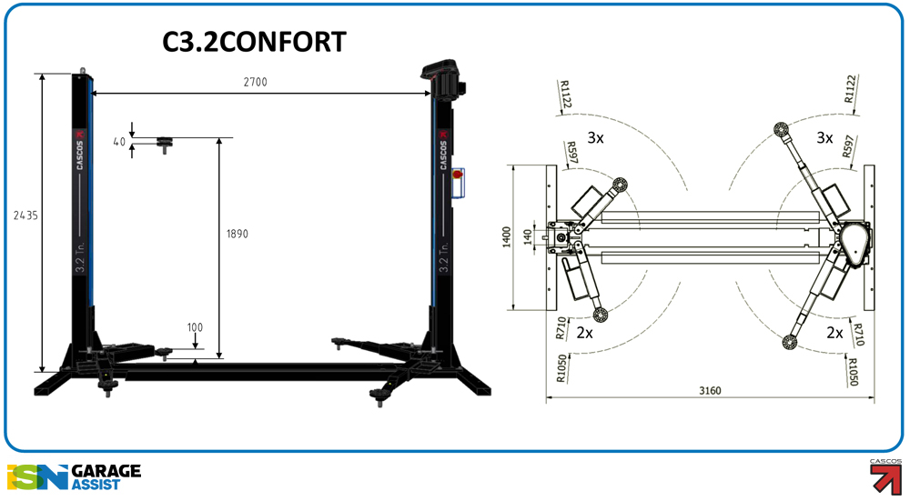 c32condims-2 2 Post Lifts with Base: Cascos C3.2 Two Post Lift