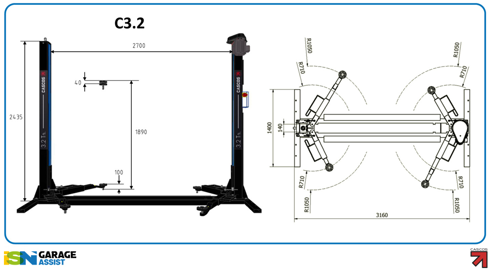 c32dims-2 2 Post Lifts with Base: Cascos C3.2 Two Post Lift