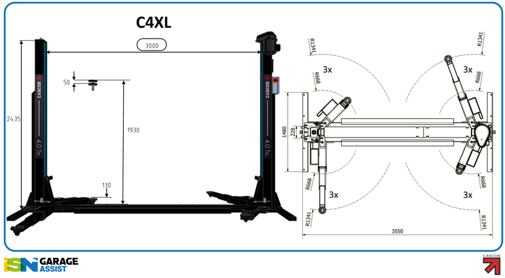 c4xldims-1 2 Post Lifts with Base: Cascos C4 Two Post Lift